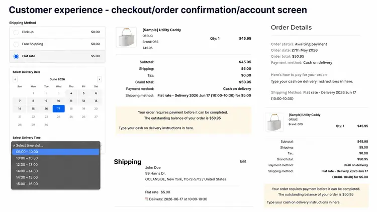 Customer choosing a delivery date and time slot at checkout, with order confirmation showing the selected delivery window