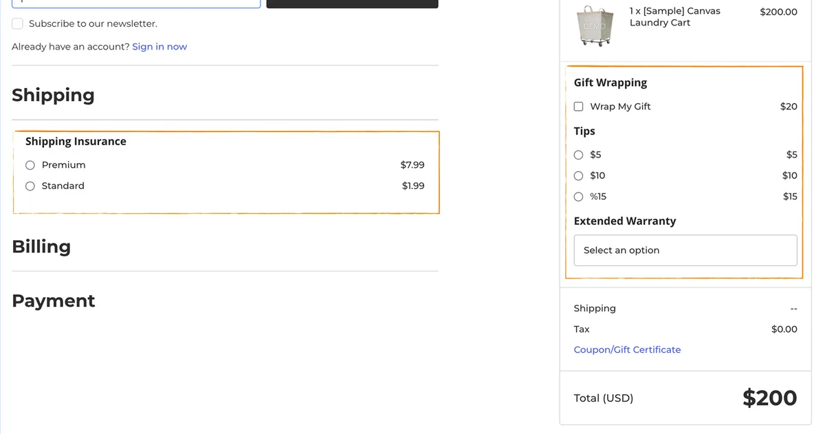Checkout page with shipping insurance options next to a cart showing gift wrapping, tips, and extended warranty together