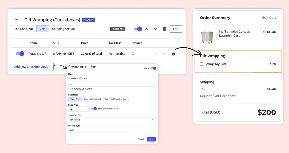 Admin screen creating a Wrap My Gift checkbox option next to a cart showing the gift wrapping option and updated total