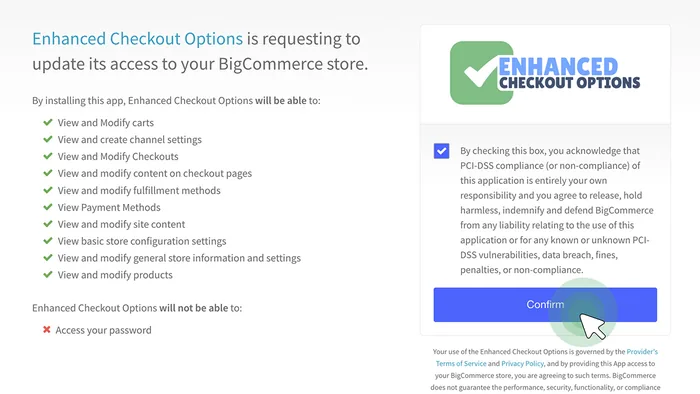 BigCommerce app install permission screen for Enhanced Checkout Options