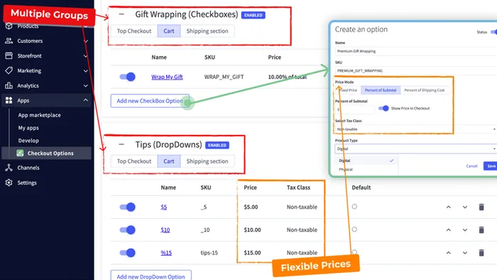 Admin screen configuring Gift Wrapping and Tips option groups with flexible pricing