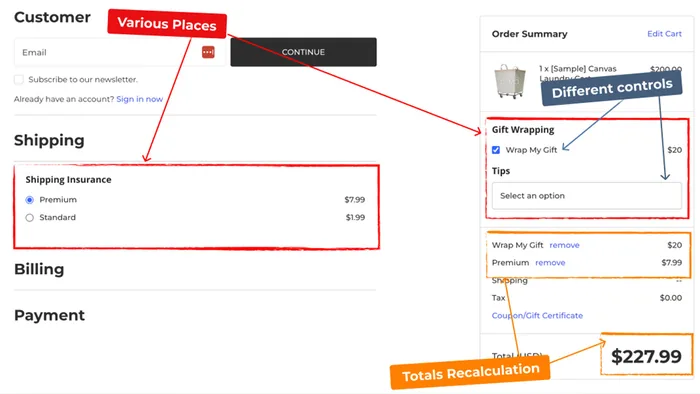 Checkout page showing shipping insurance and cart showing gift wrapping and tips controls