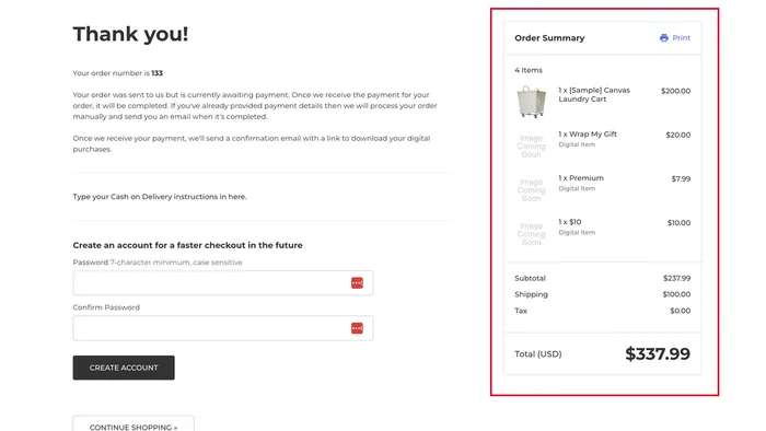Order confirmation showing selected options added as line items in the order summary