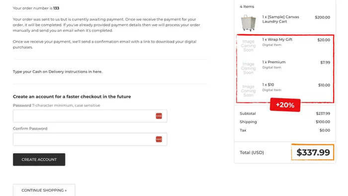Order summary highlighting a 20 percent increase in order total from added options